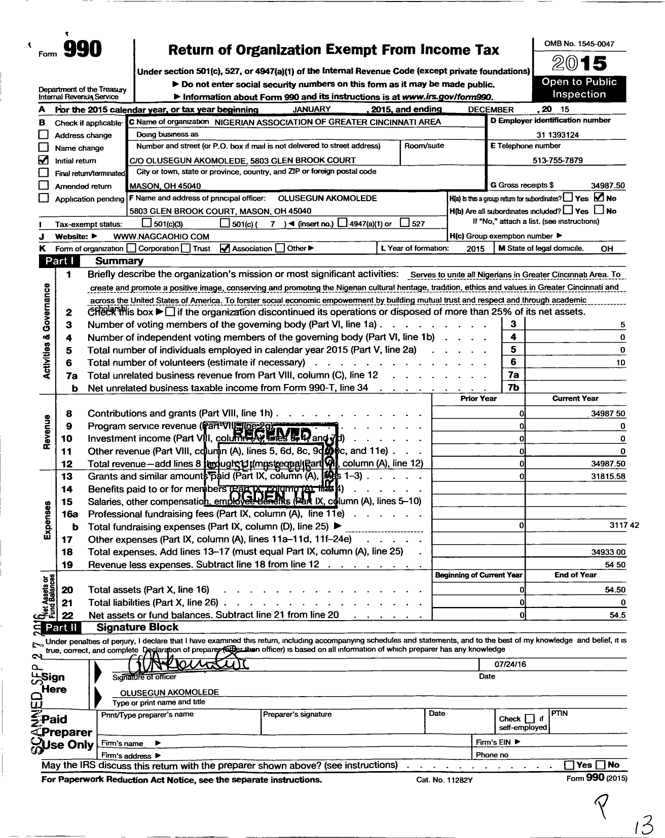 Image of first page of 2015 Form 990O for Nigerian Association of Greater Cincinnati Area