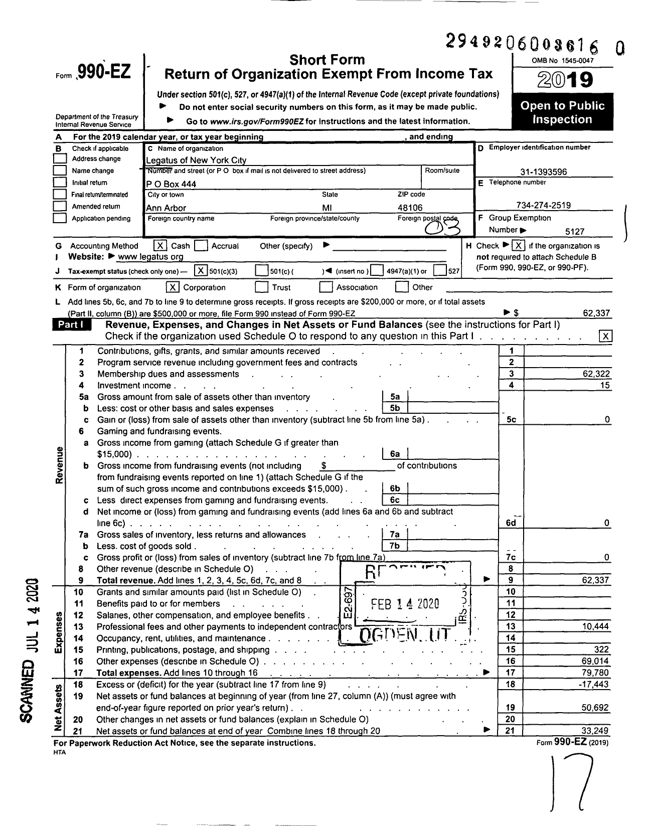 Image of first page of 2019 Form 990EZ for Legatus