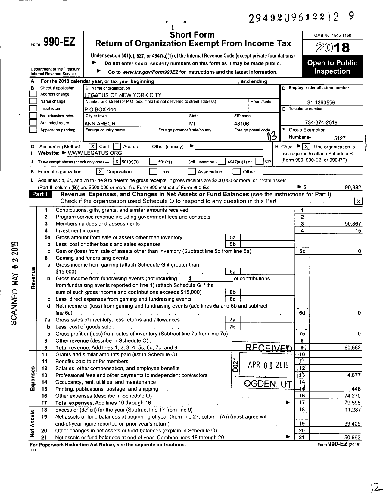 Image of first page of 2018 Form 990EZ for Legatus