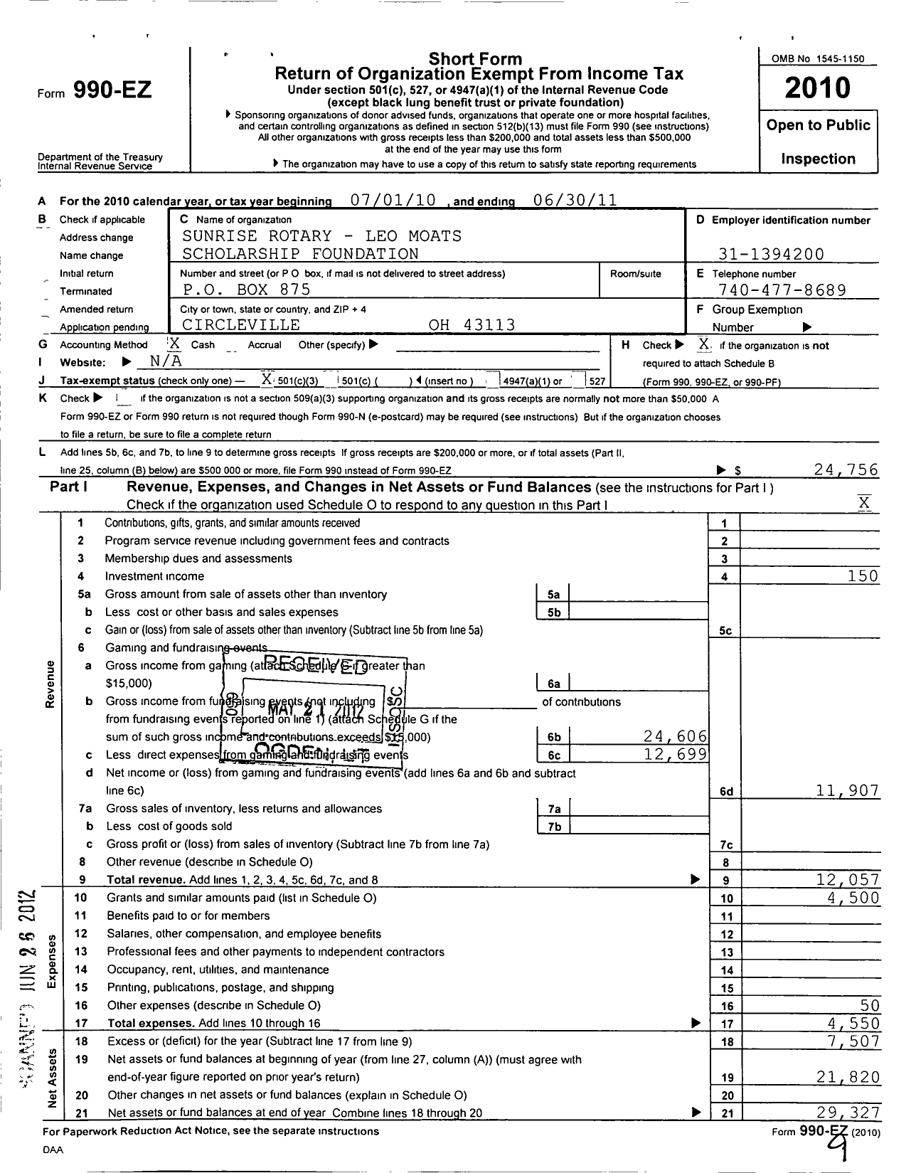 Image of first page of 2010 Form 990EZ for Sunrise Rotary - Leo Moats Scholarship Foundation
