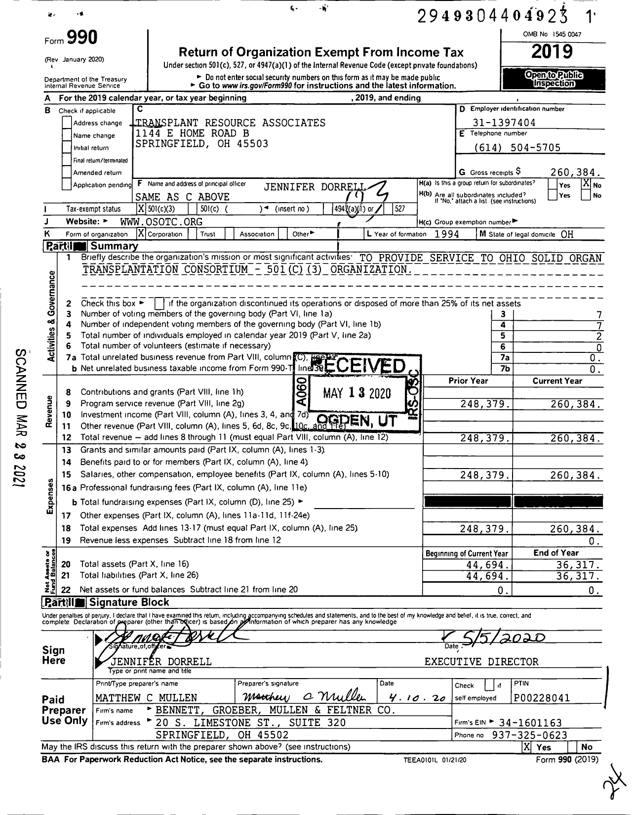 Image of first page of 2019 Form 990 for Transplant Resource Associates