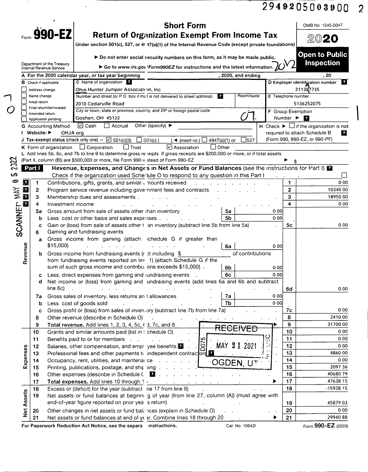 Image of first page of 2020 Form 990EO for Ohio Hunter Jumper Association