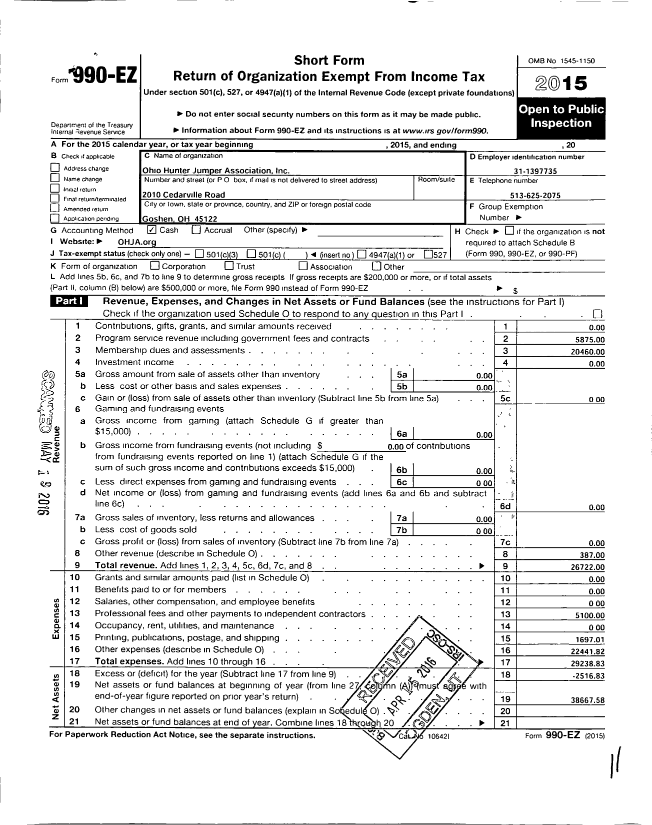 Image of first page of 2015 Form 990EO for Ohio Hunter Jumper Association