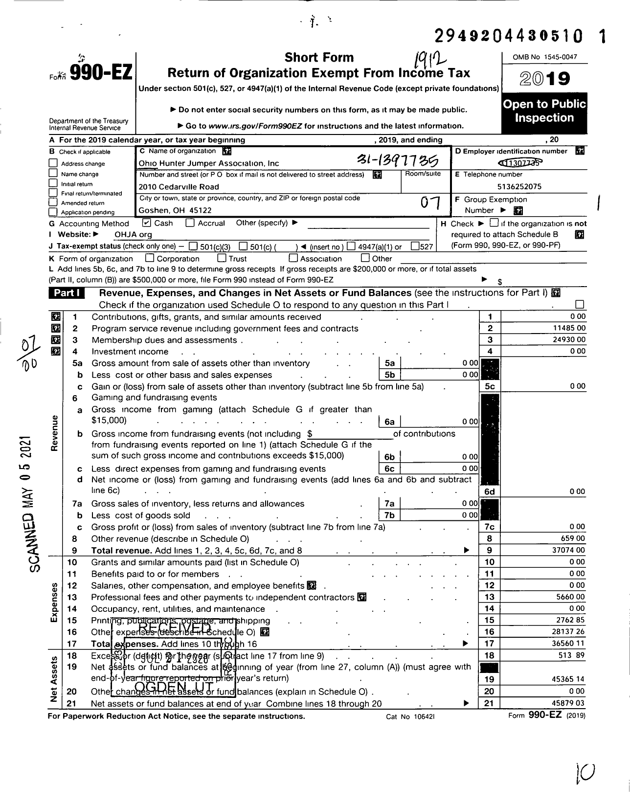 Image of first page of 2019 Form 990EO for Ohio Hunter Jumper Association