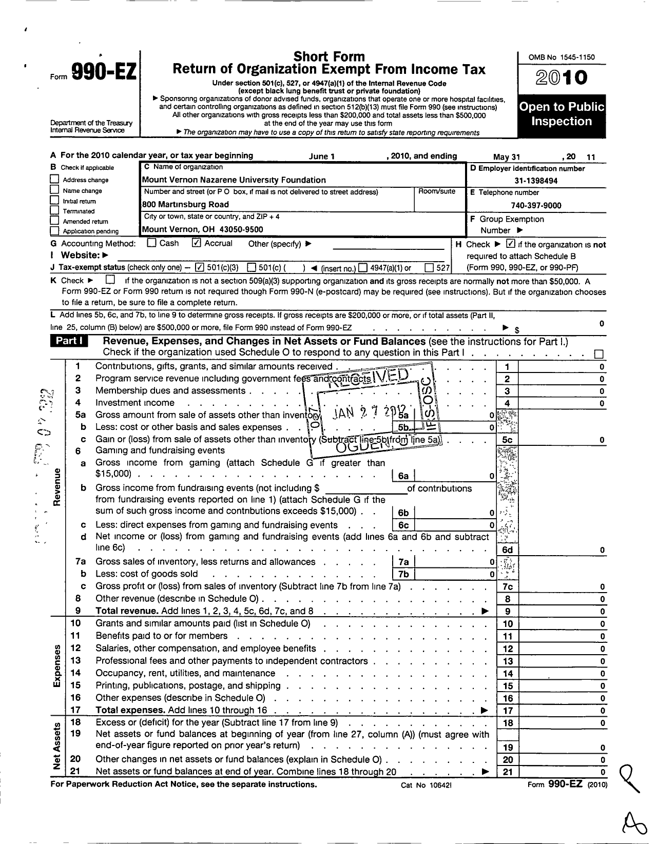 Image of first page of 2010 Form 990EZ for Mount Vernon Nazarene University Foundation