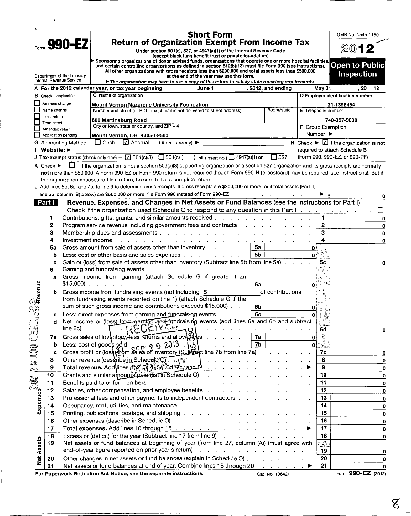 Image of first page of 2012 Form 990EZ for Mount Vernon Nazarene University Foundation