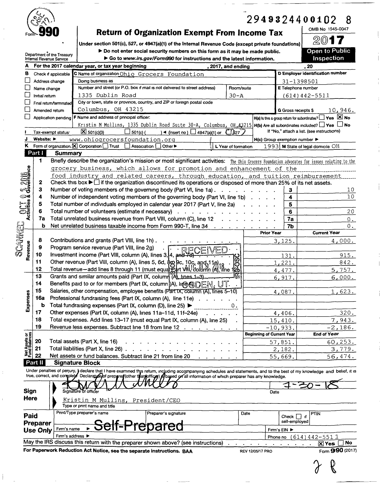 Image of first page of 2017 Form 990 for Ohio Grocers Foundation (OGF)