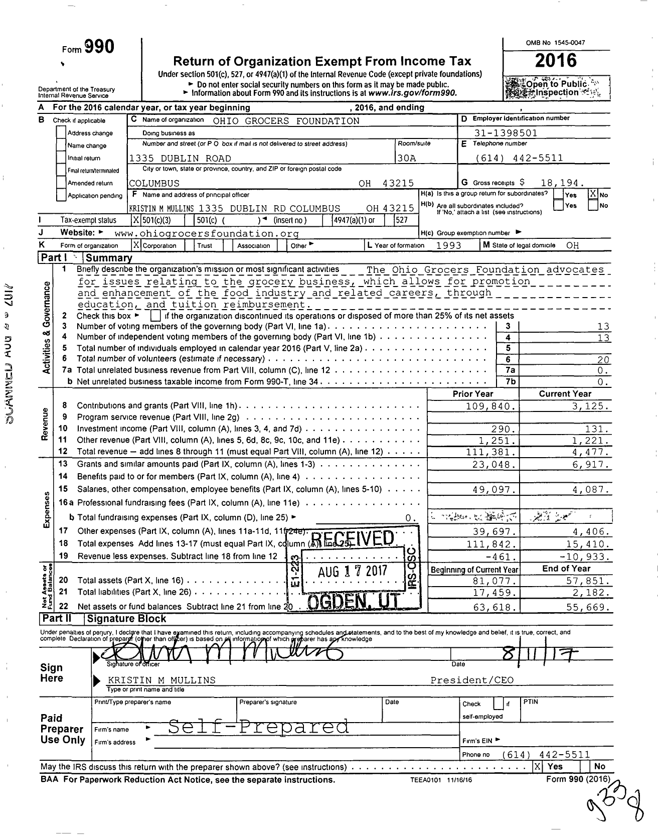 Image of first page of 2016 Form 990 for Ohio Grocers Foundation (OGF)