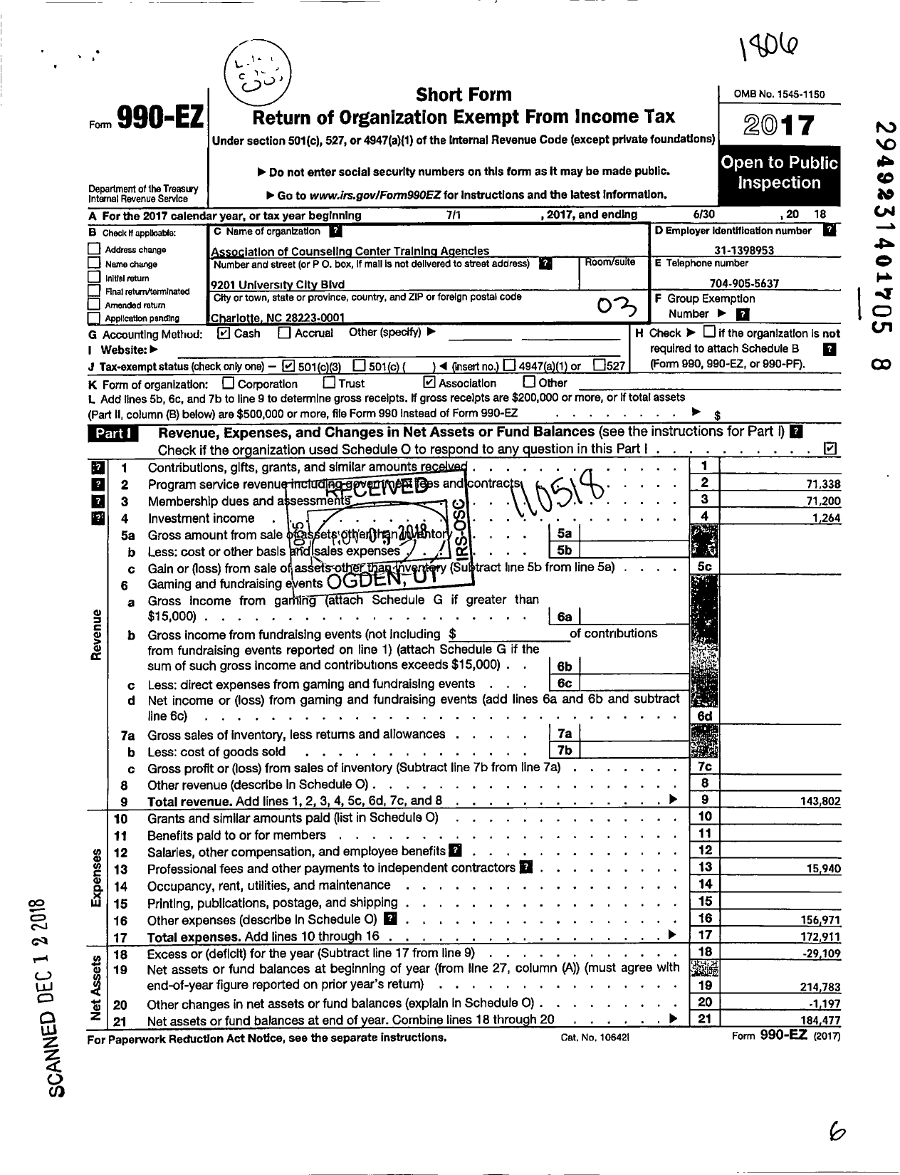 Image of first page of 2017 Form 990EZ for Association of Counseling Center Training Agencies (ACCTA)