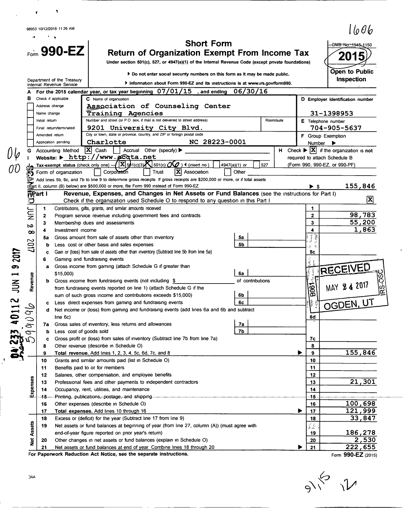 Image of first page of 2015 Form 990EO for Association of Counseling Center Training Agencies (ACCTA)