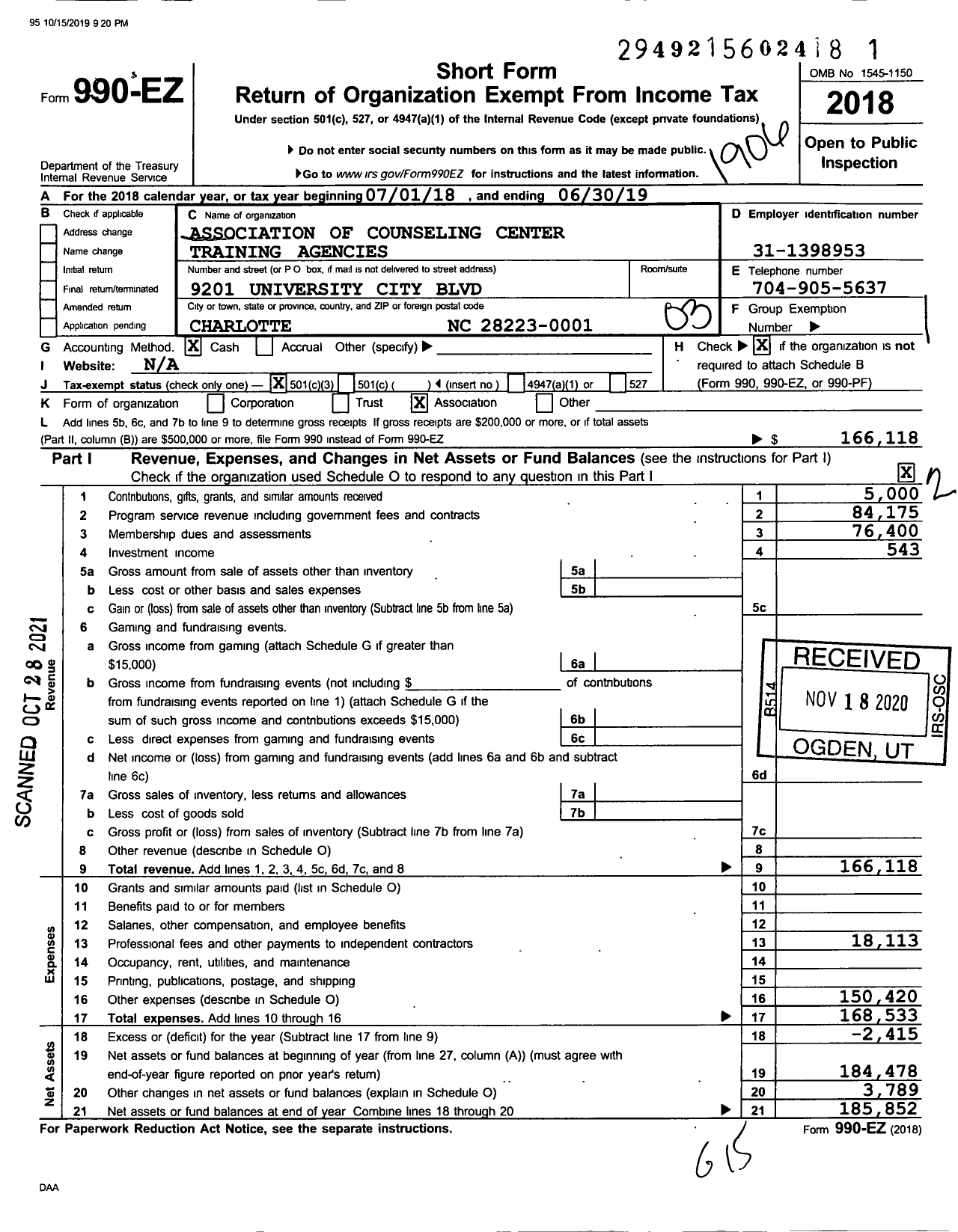 Image of first page of 2018 Form 990EZ for Association of Counseling Center Training Agencies (ACCTA)