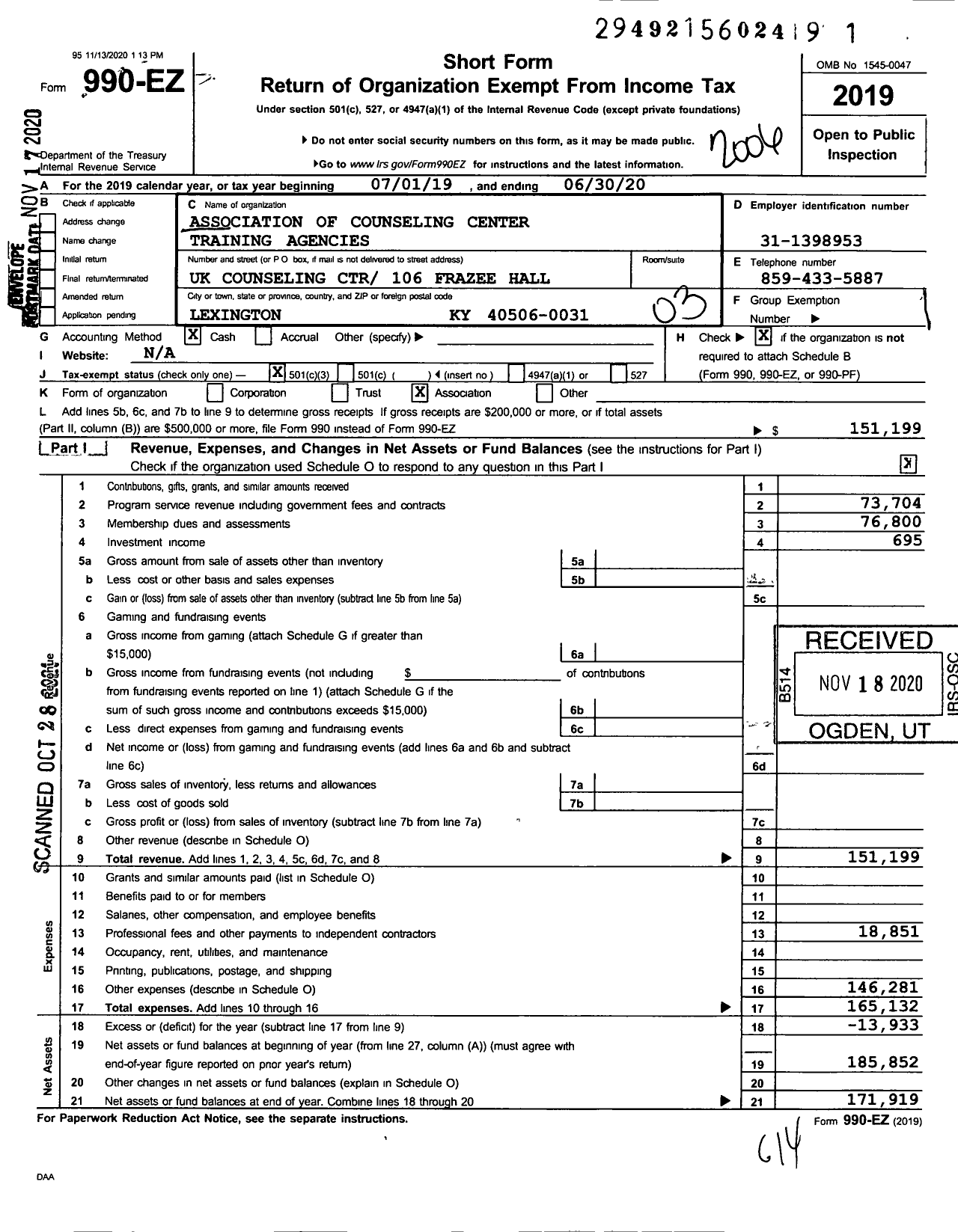 Image of first page of 2019 Form 990EZ for Association of Counseling Center Training Agencies (ACCTA)