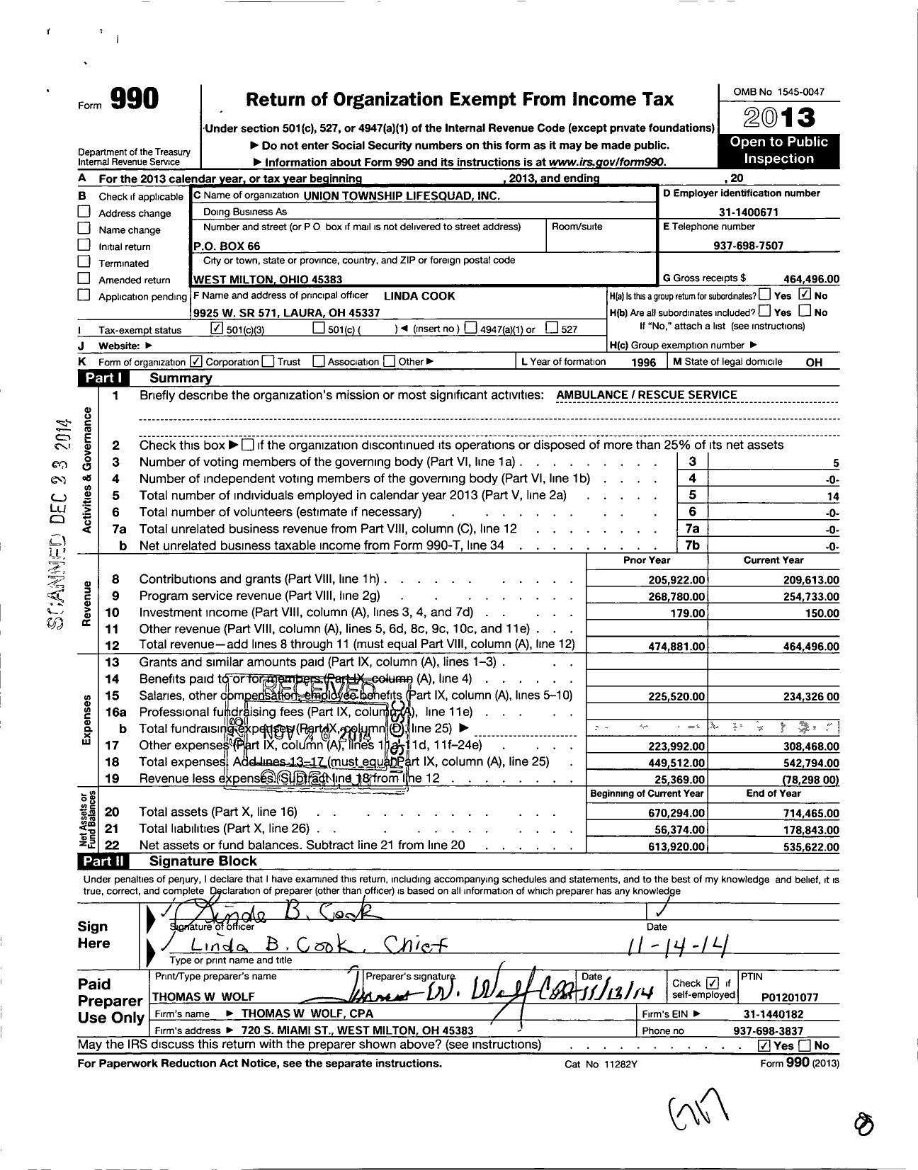 Image of first page of 2013 Form 990 for Union Township Lifesquad