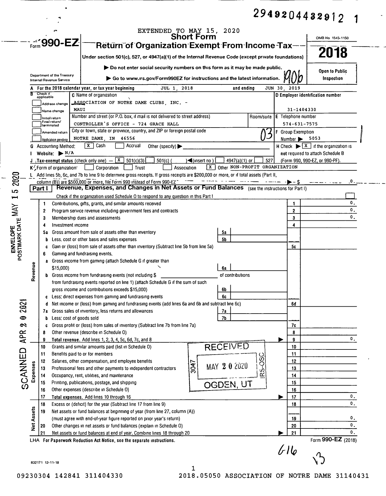 Image of first page of 2018 Form 990EZ for Association of Notre Dame Clubs - Maui