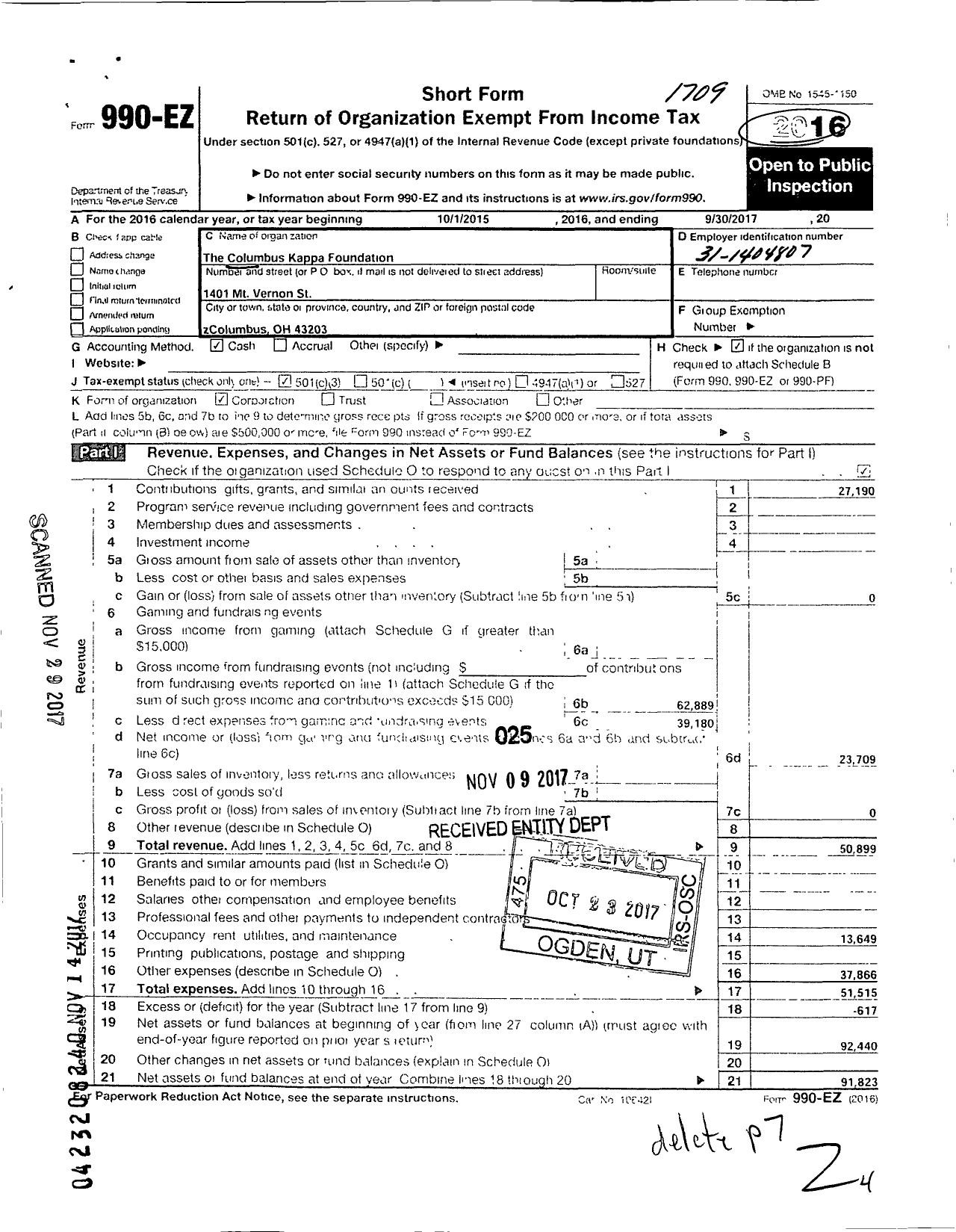 Image of first page of 2016 Form 990EZ for The Columbus Kappa Foundation