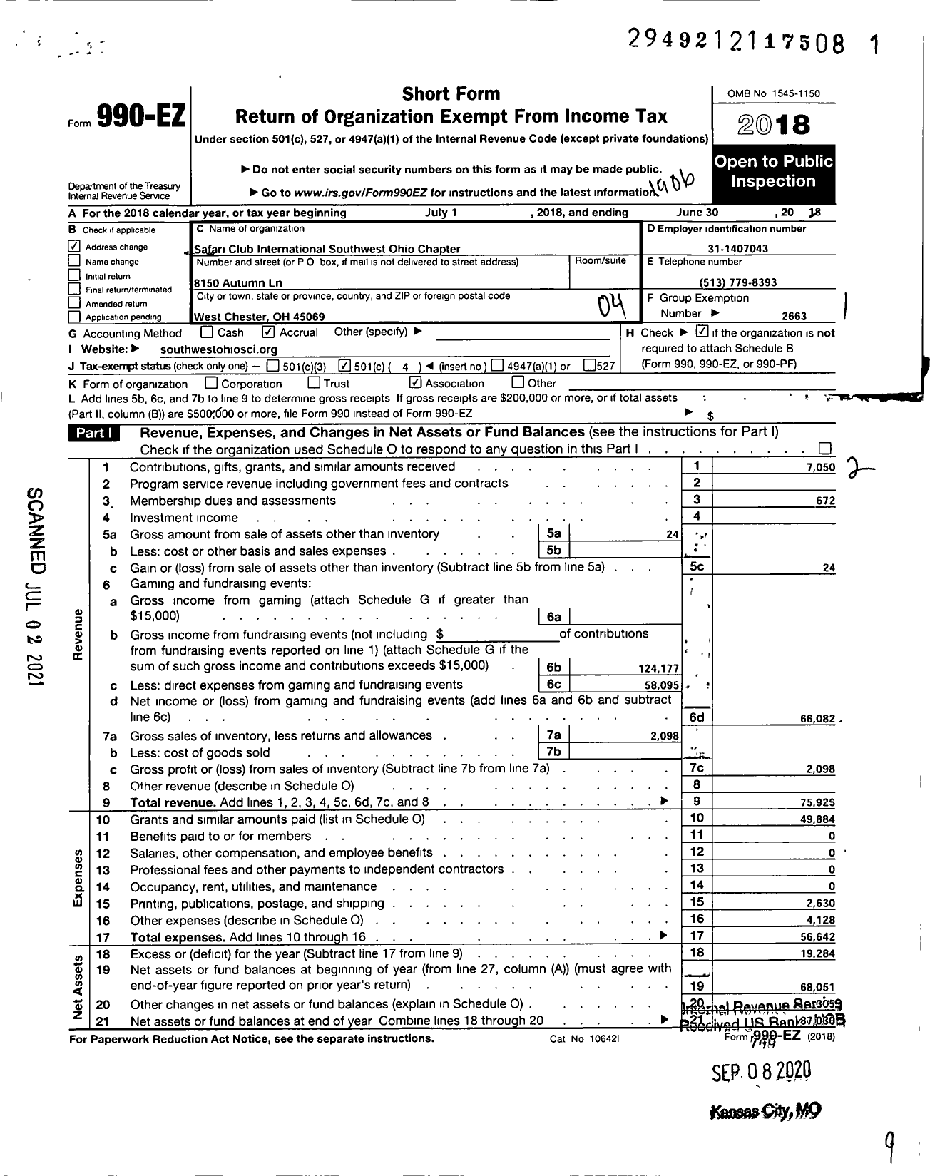 Image of first page of 2018 Form 990EO for Safari Club International Southwest Ohio