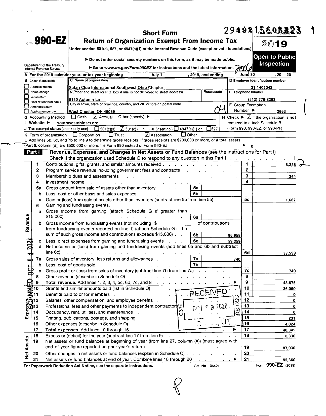 Image of first page of 2019 Form 990EO for Safari Club International Southwest Ohio