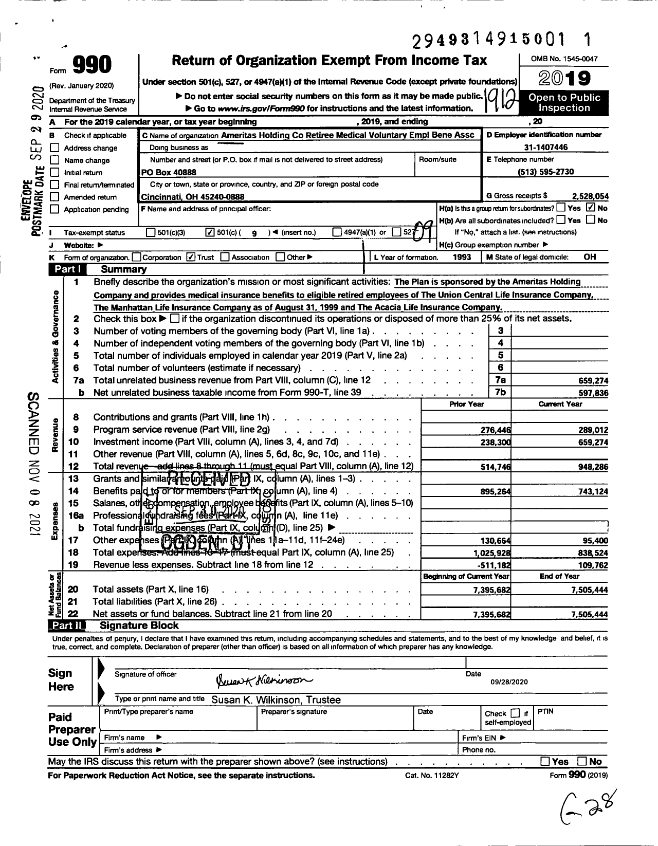 Image of first page of 2019 Form 990O for Ameritas Holding Retiree Medical Voluntary Employee Beneficiary Association