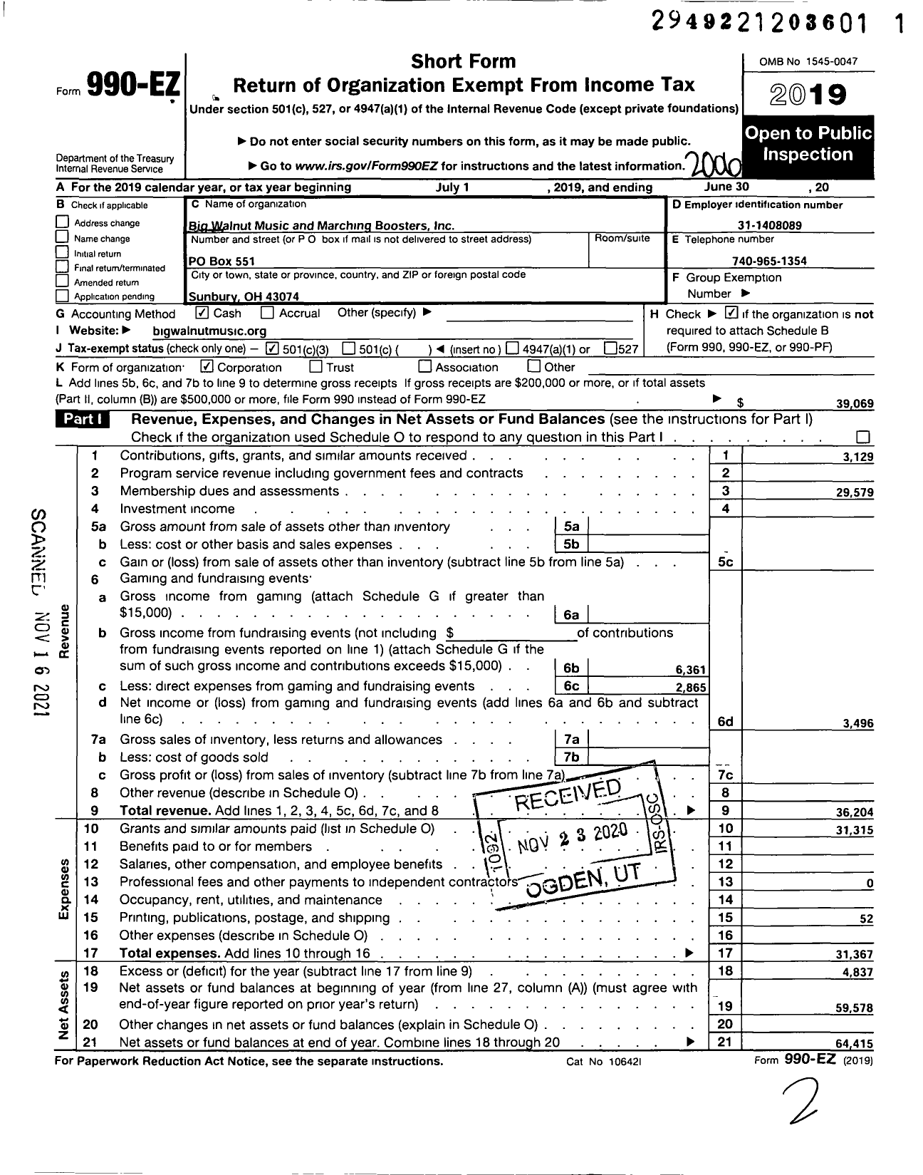 Image of first page of 2019 Form 990EZ for Big Walnut Music and Marching Boosters