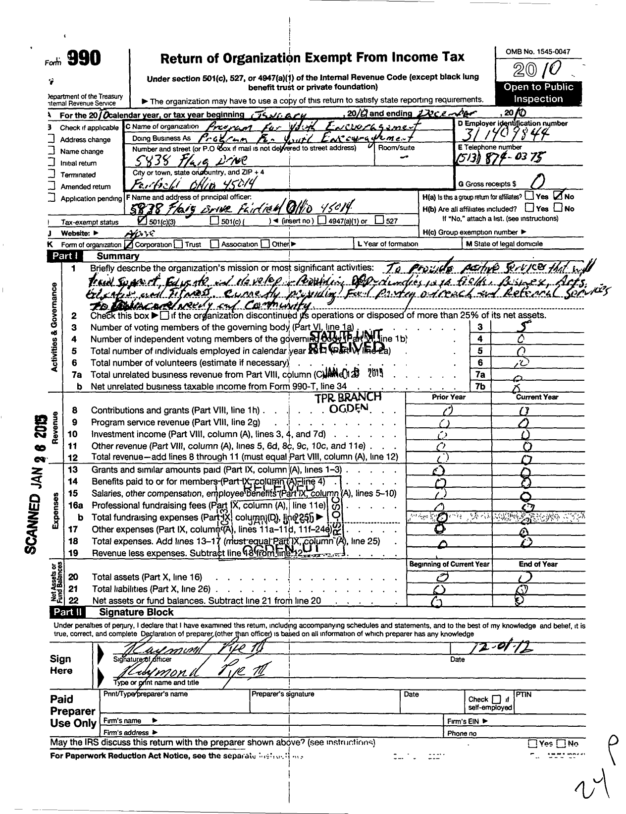 Image of first page of 2010 Form 990 for Program for Youth Encouragement