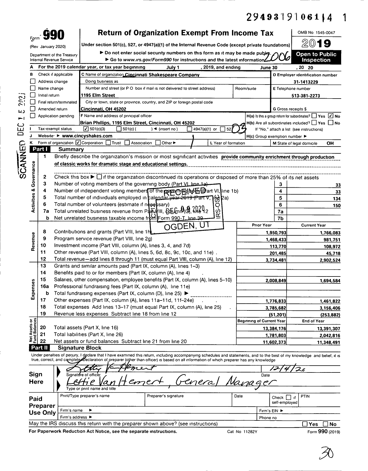 Image of first page of 2019 Form 990 for Cincinnati Shakespeare Company