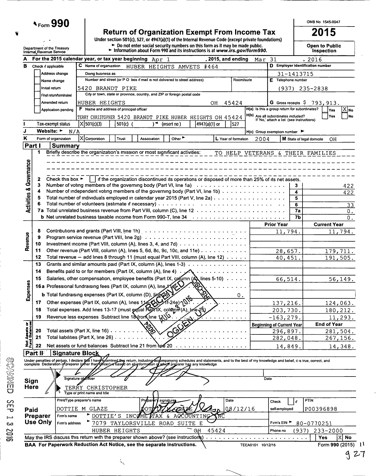 Image of first page of 2015 Form 990 for Huber Heights Amvets 464