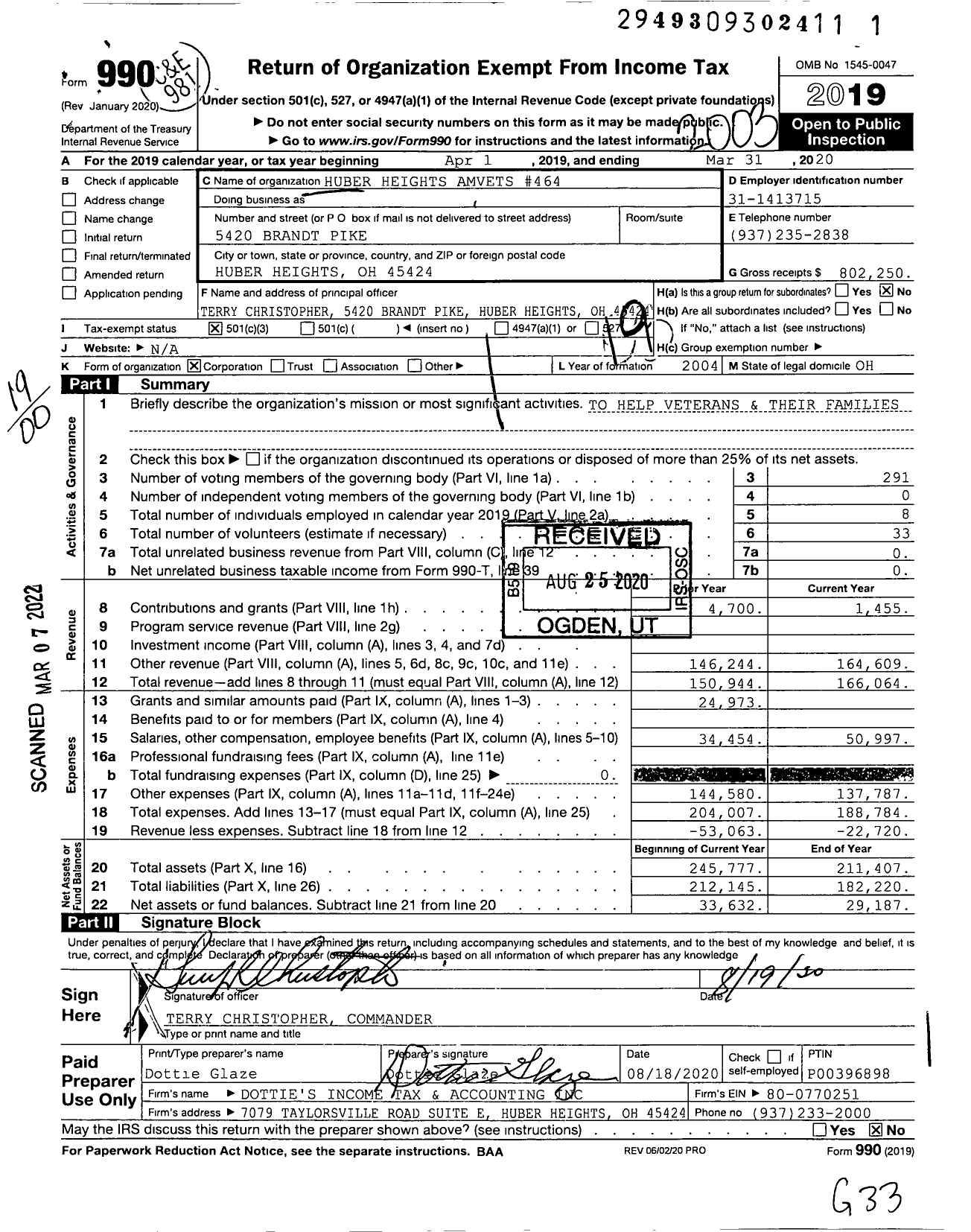 Image of first page of 2019 Form 990O for Huber Heights Amvets 464