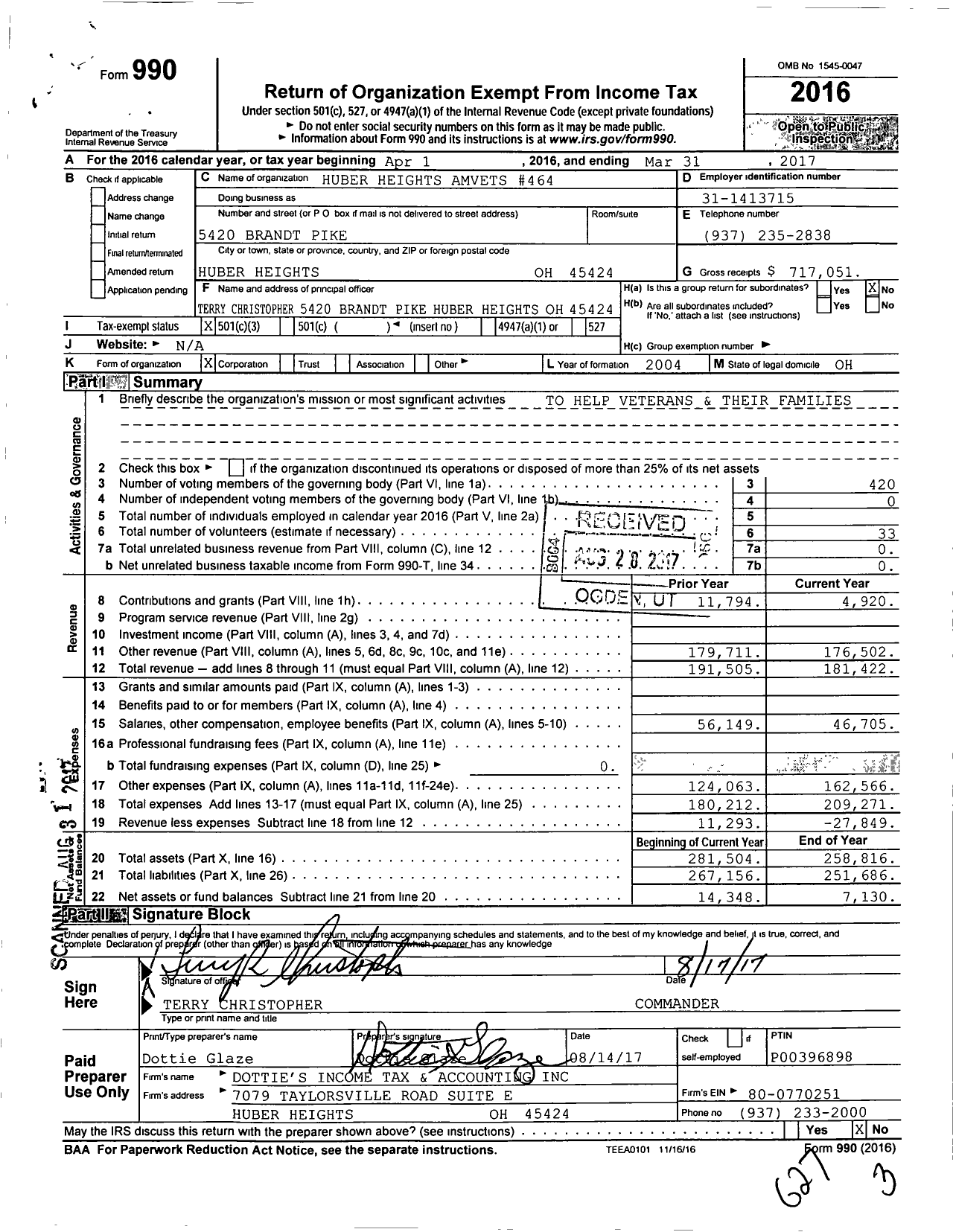 Image of first page of 2016 Form 990 for Huber Heights Amvets 464