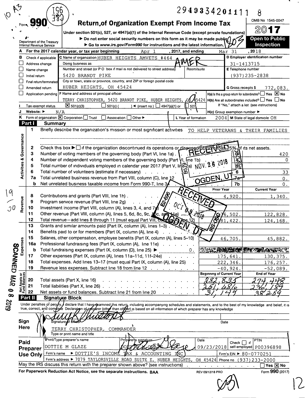 Image of first page of 2017 Form 990O for Huber Heights Amvets 464