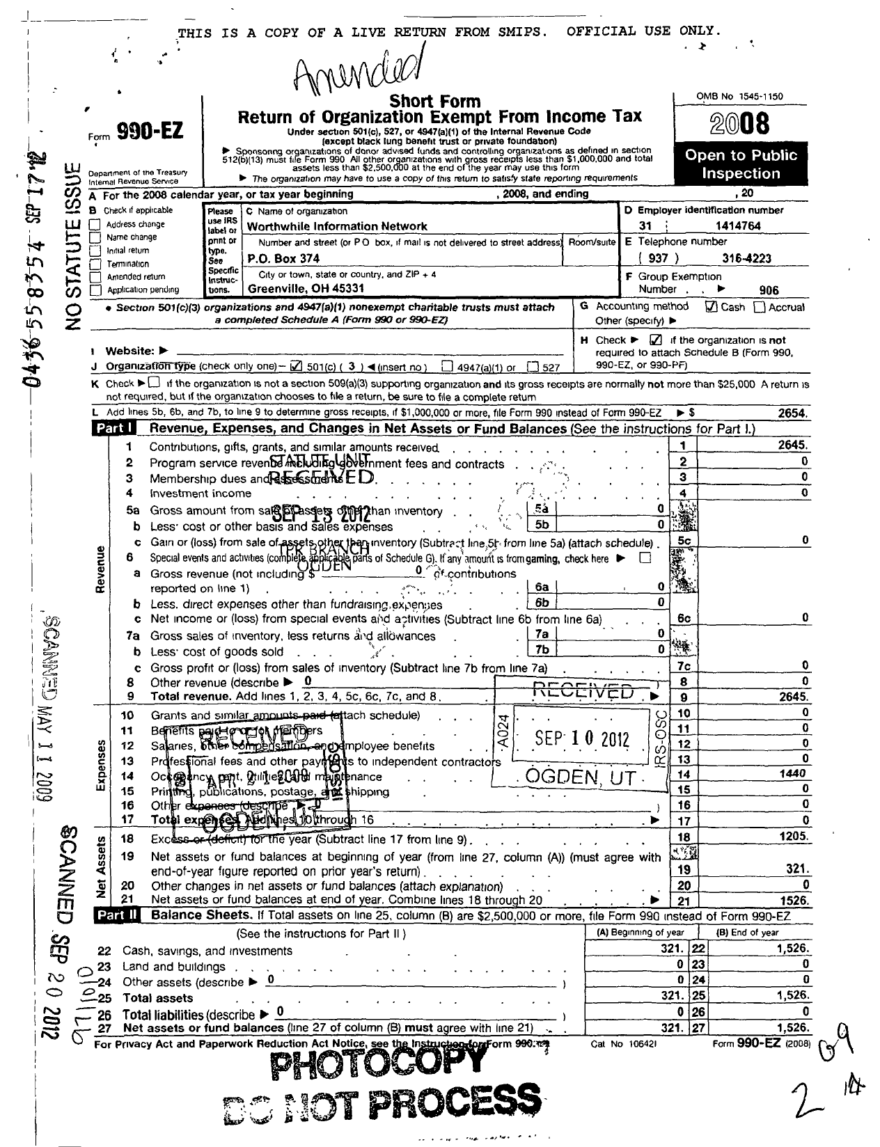 Image of first page of 2008 Form 990EZ for Worthwhile Information Network