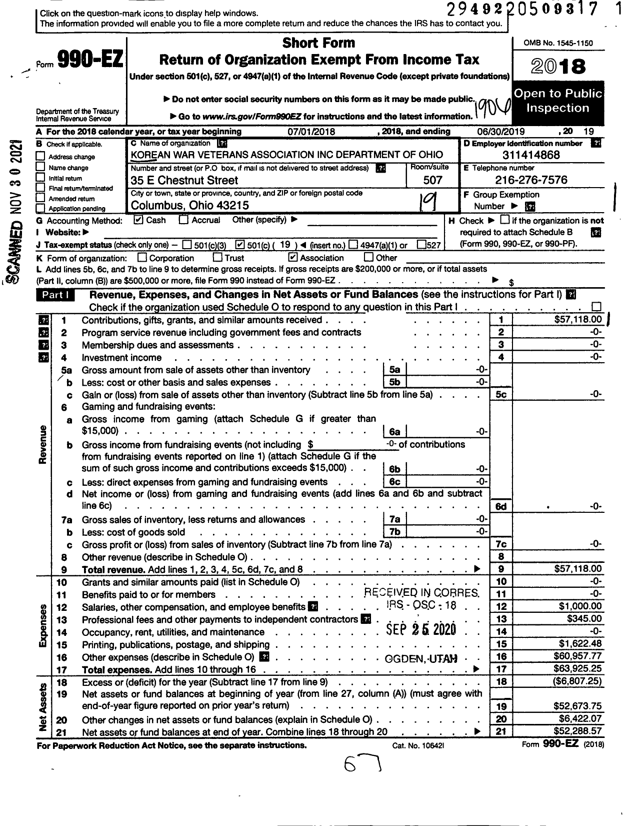 Image of first page of 2018 Form 990EO for Korean War Veterans Association / Chapter 131