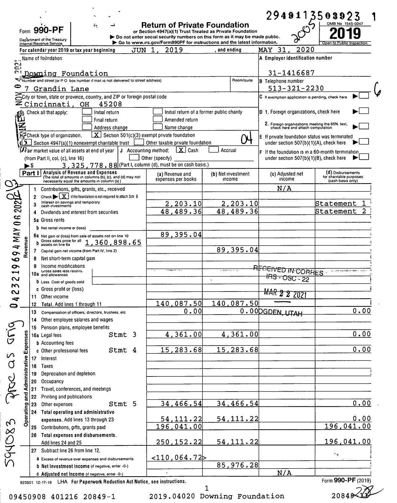 Image of first page of 2019 Form 990PF for Downing Foundation