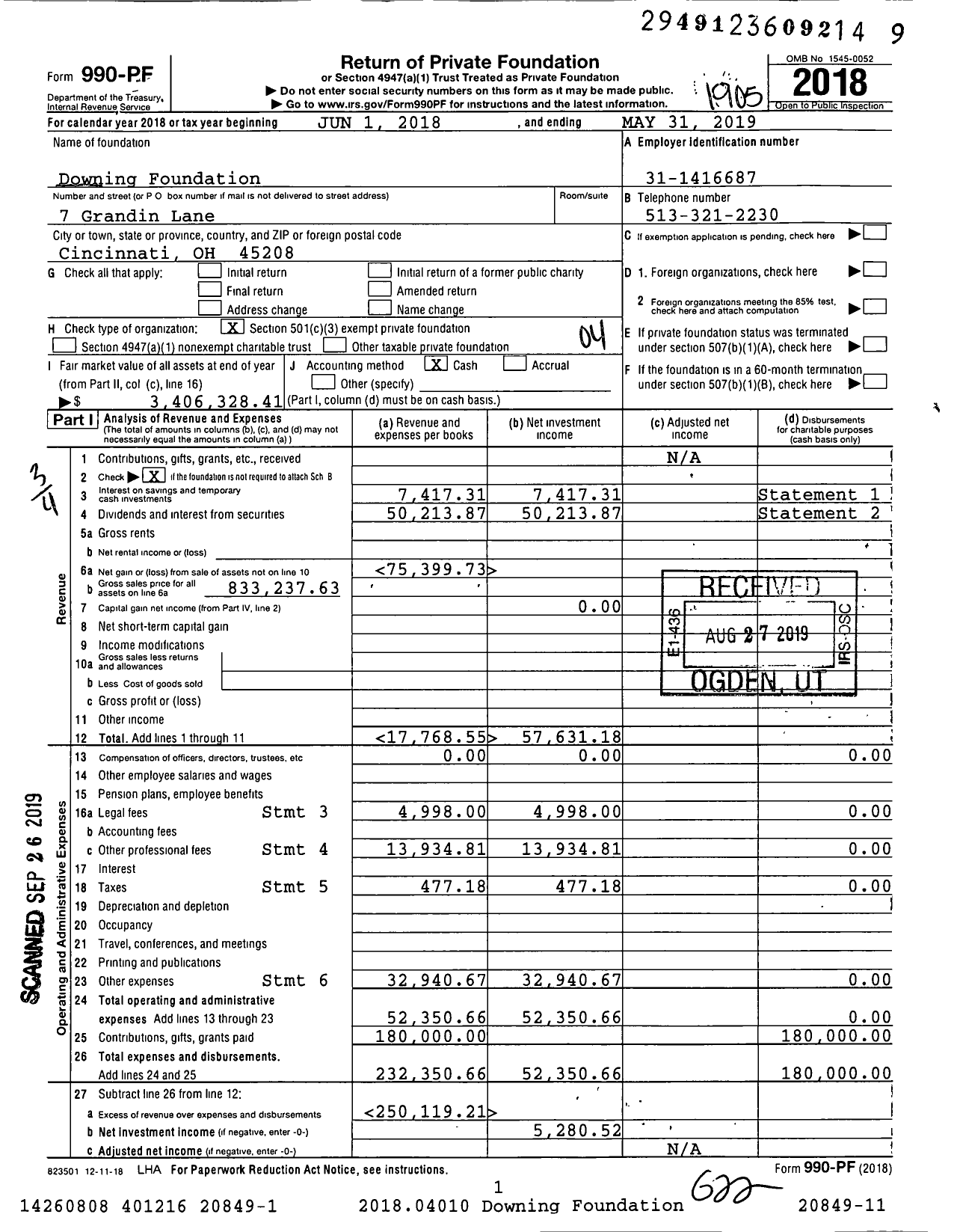 Image of first page of 2018 Form 990PF for Downing Foundation