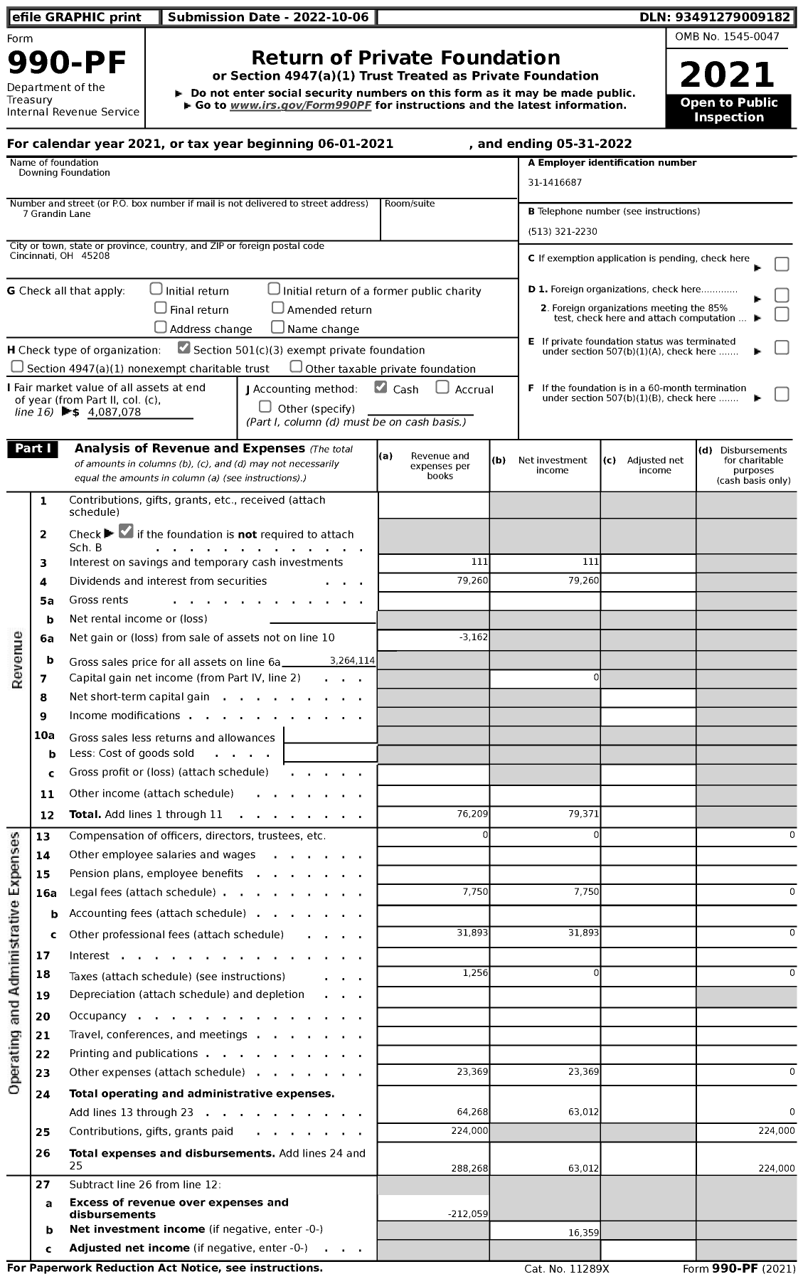 Image of first page of 2021 Form 990PF for Downing Foundation