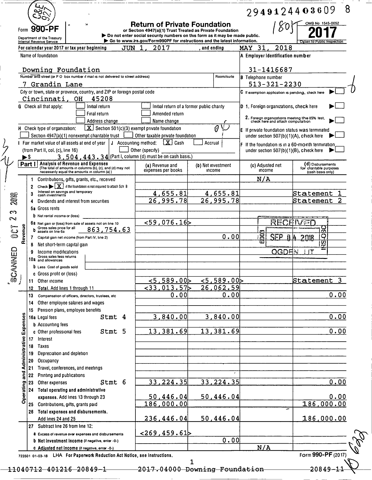 Image of first page of 2017 Form 990PF for Downing Foundation
