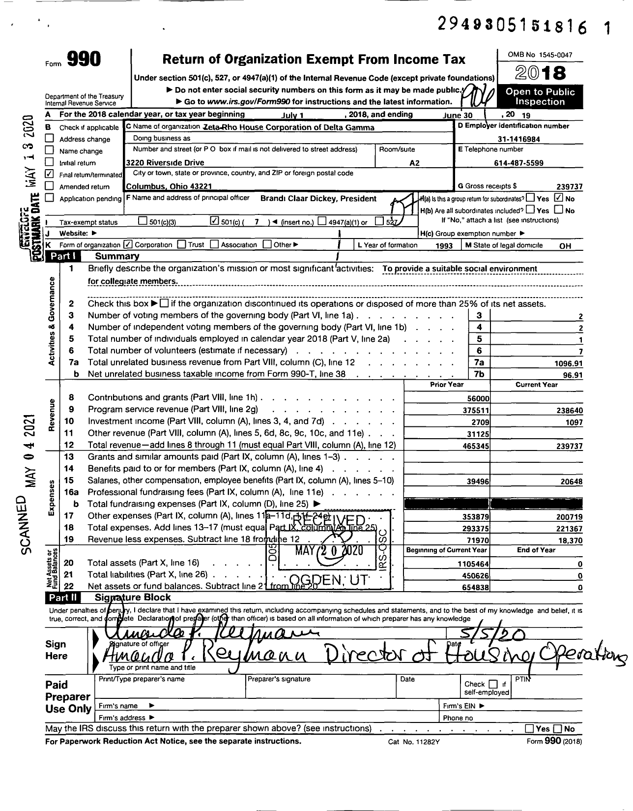 Image of first page of 2018 Form 990O for Zeta Rho House Corporation of Delta Gamma