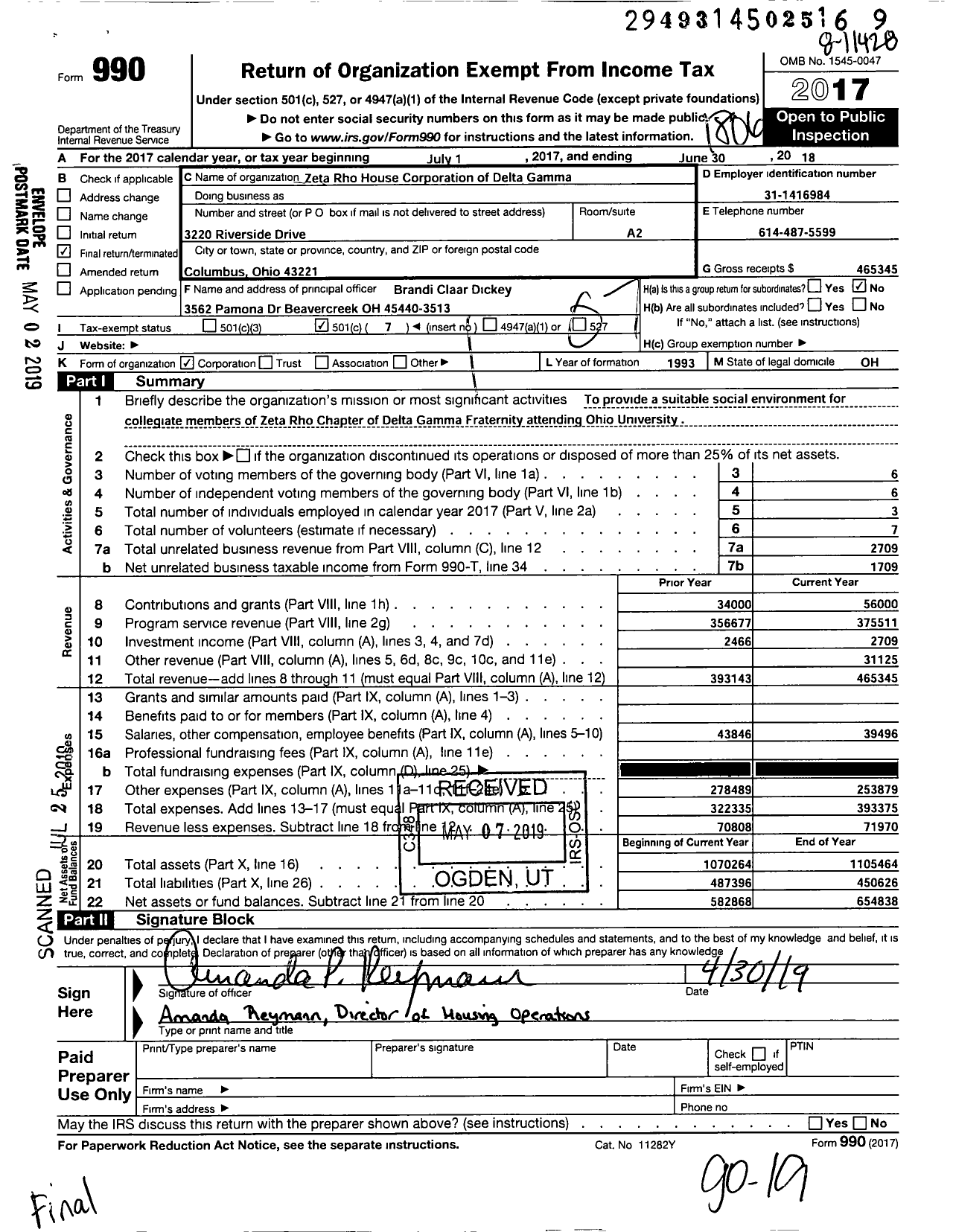 Image of first page of 2017 Form 990O for Zeta Rho House Corporation of Delta Gamma