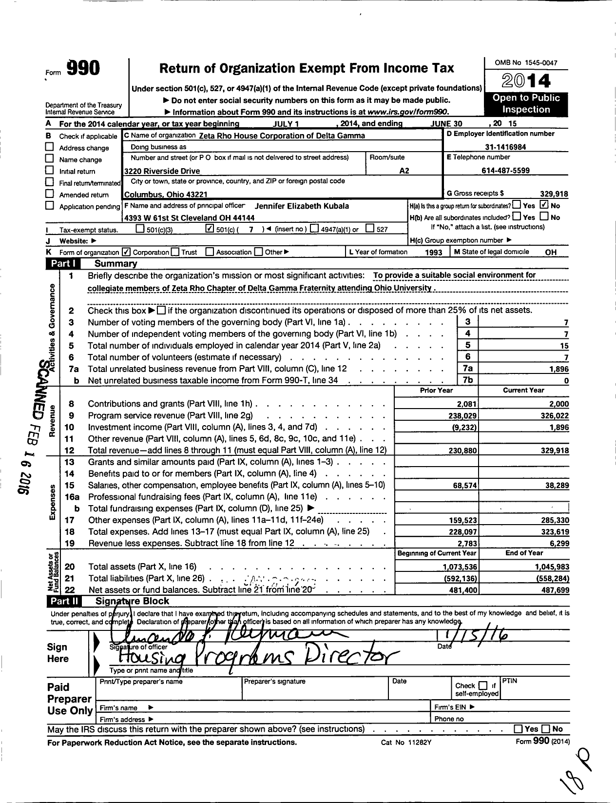 Image of first page of 2014 Form 990O for Zeta Rho House Corporation of Delta Gamma