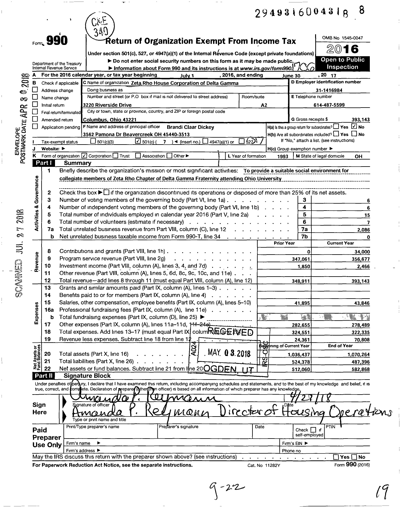 Image of first page of 2016 Form 990O for Zeta Rho House Corporation of Delta Gamma