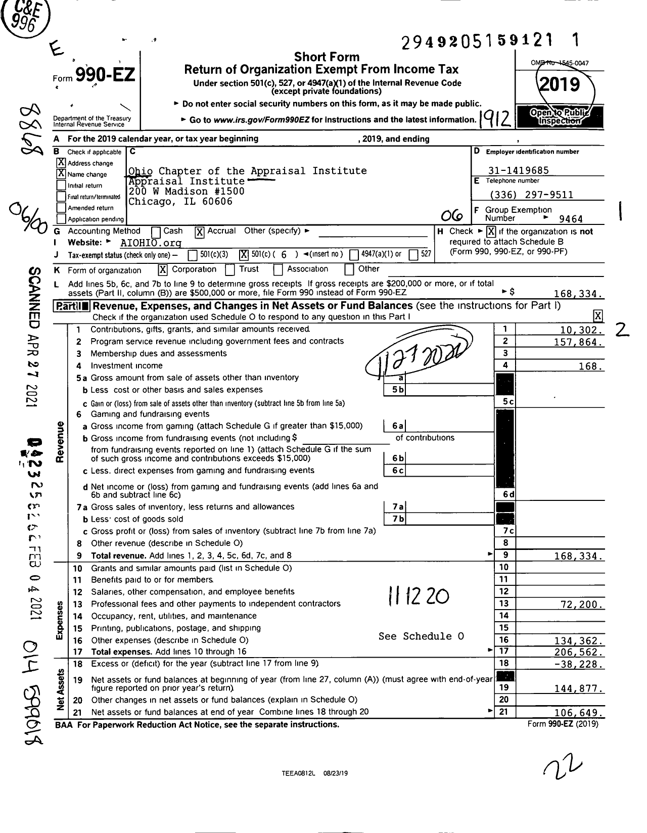 Image of first page of 2019 Form 990EO for Ohio Chapter of the Appraisal Institute