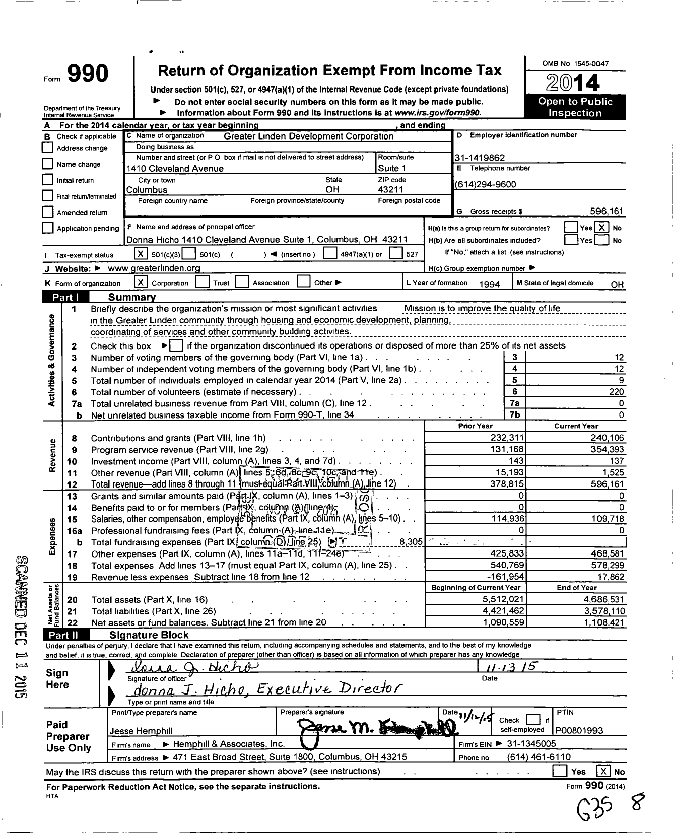 Image of first page of 2014 Form 990 for Greater Linden Development Corporation