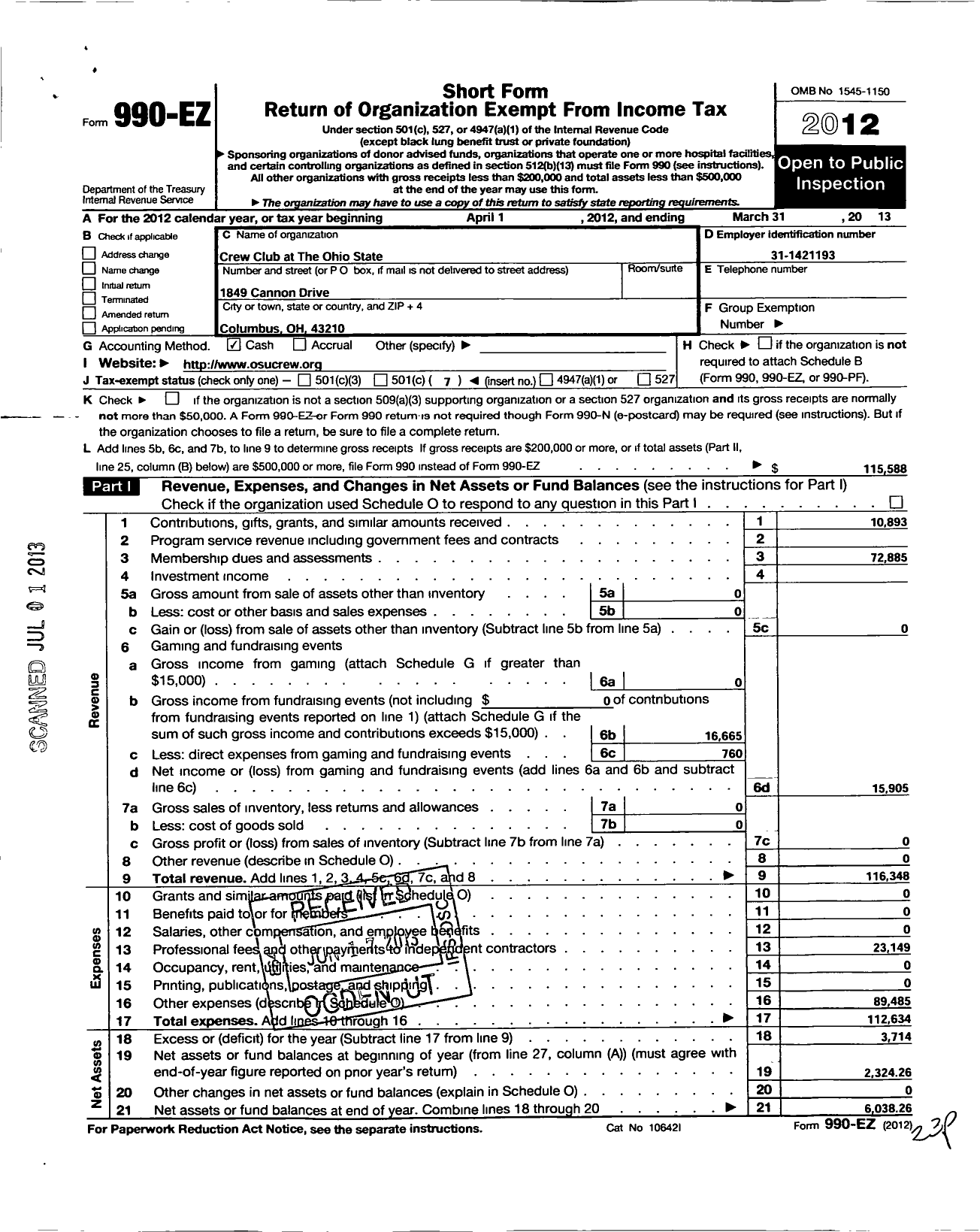 Image of first page of 2012 Form 990EO for Crew Club At The Ohio State