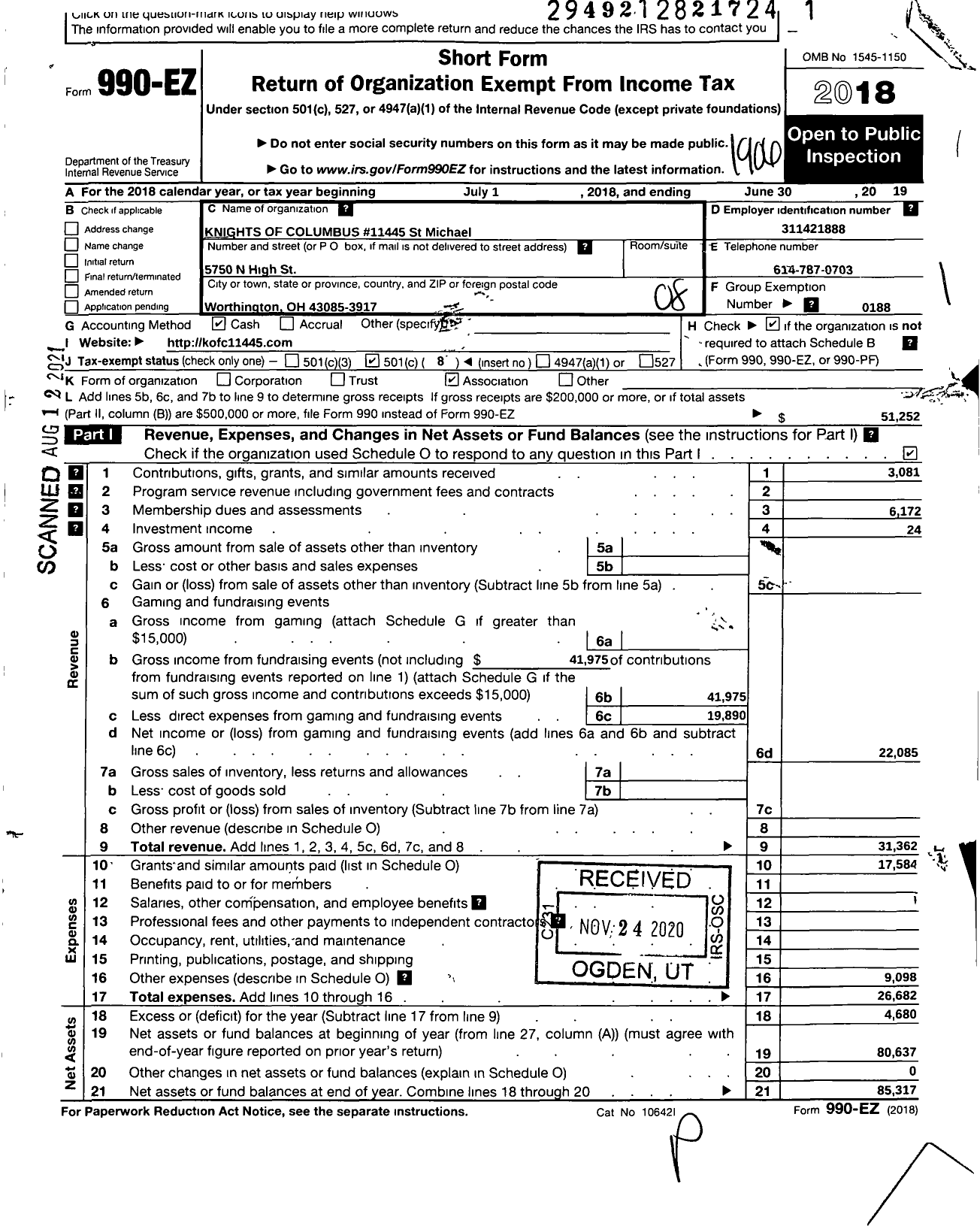 Image of first page of 2018 Form 990EO for KNIGHTS OF COLUMBUS - 11445 St Michaels Council