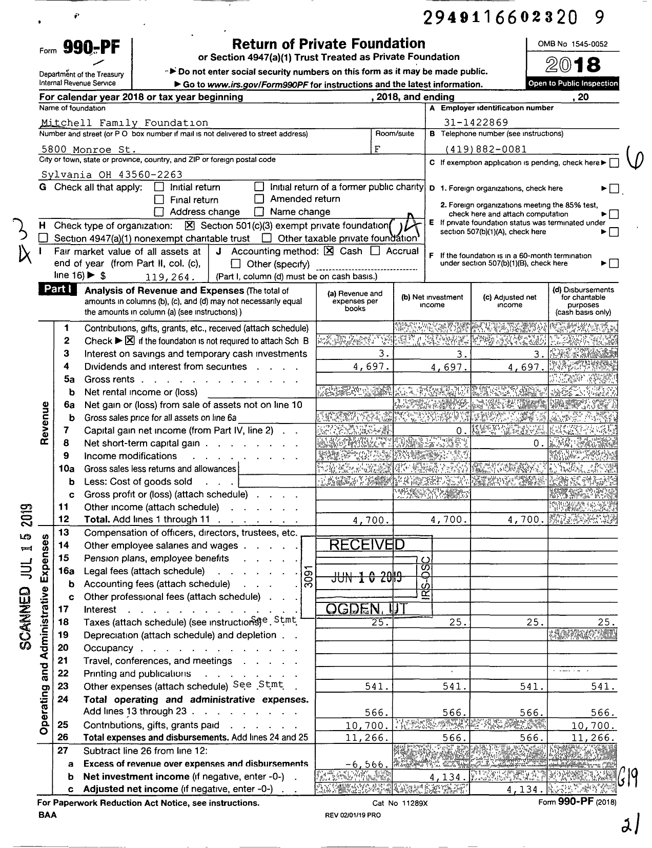 Image of first page of 2018 Form 990PF for Mitchell Family Foundation