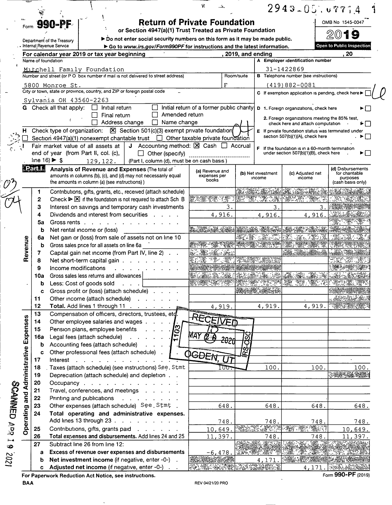 Image of first page of 2019 Form 990PF for Mitchell Family Foundation