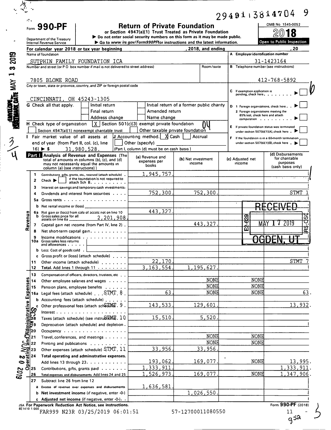 Image of first page of 2018 Form 990PF for Sutphin Family Foundation Ica