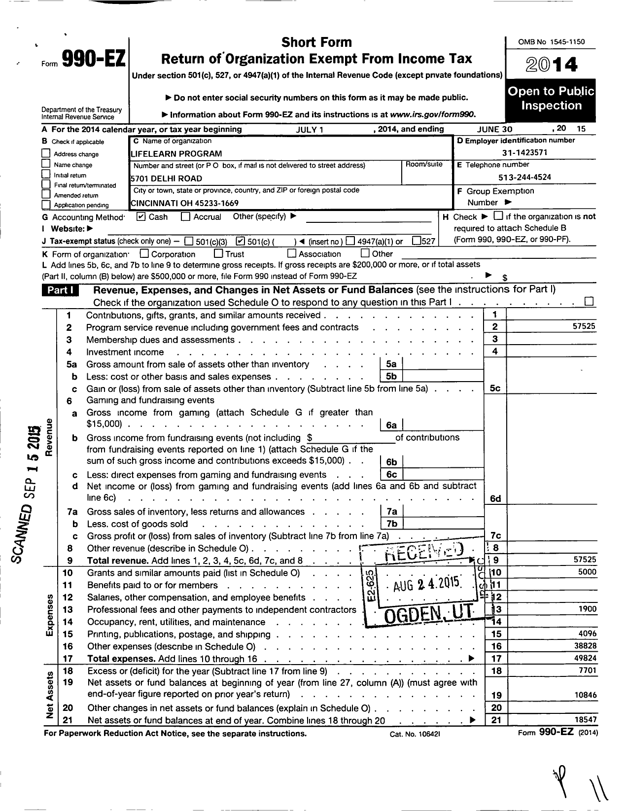 Image of first page of 2014 Form 990EO for Life Learn Program