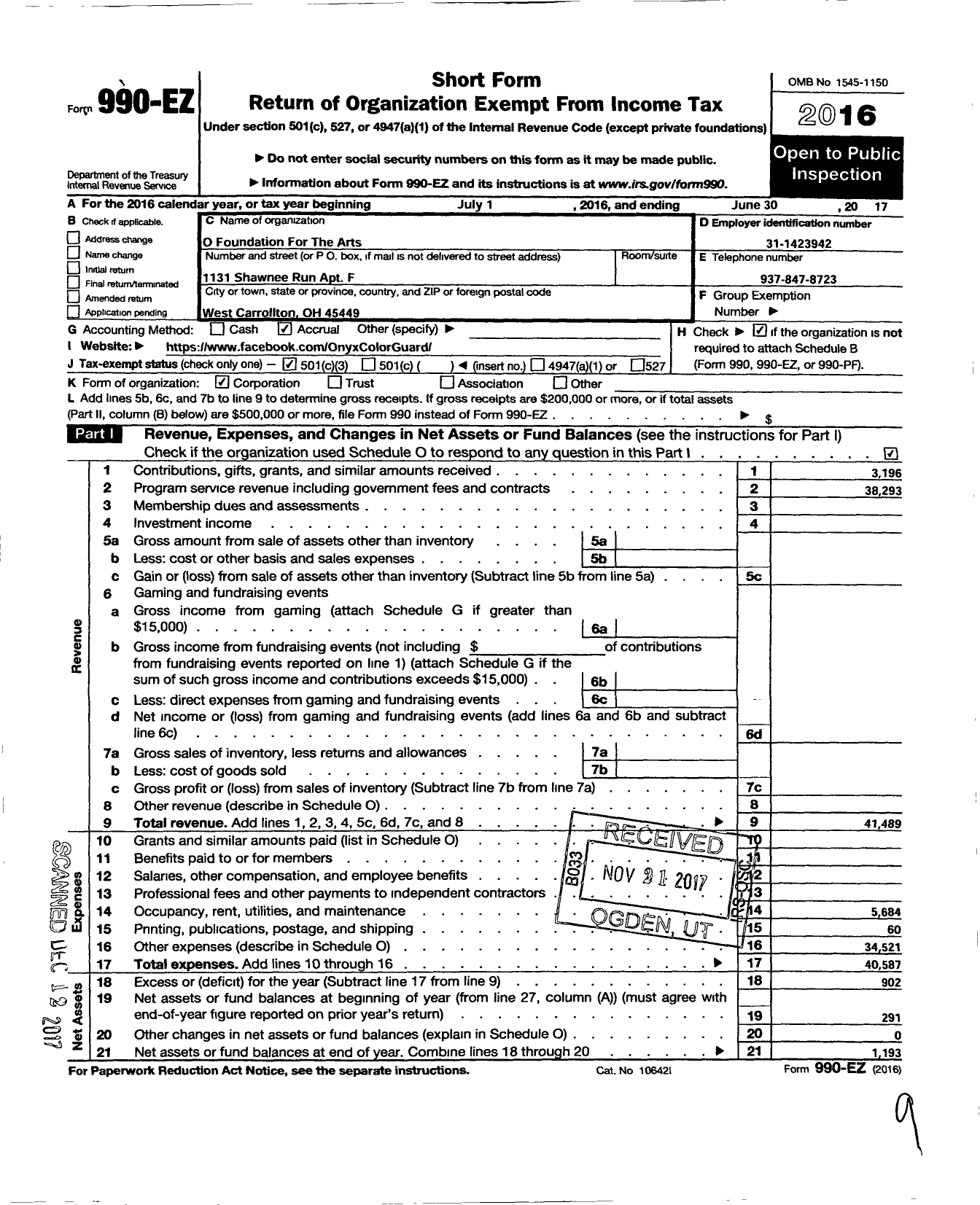 Image of first page of 2016 Form 990EZ for O Foundation for the Arts