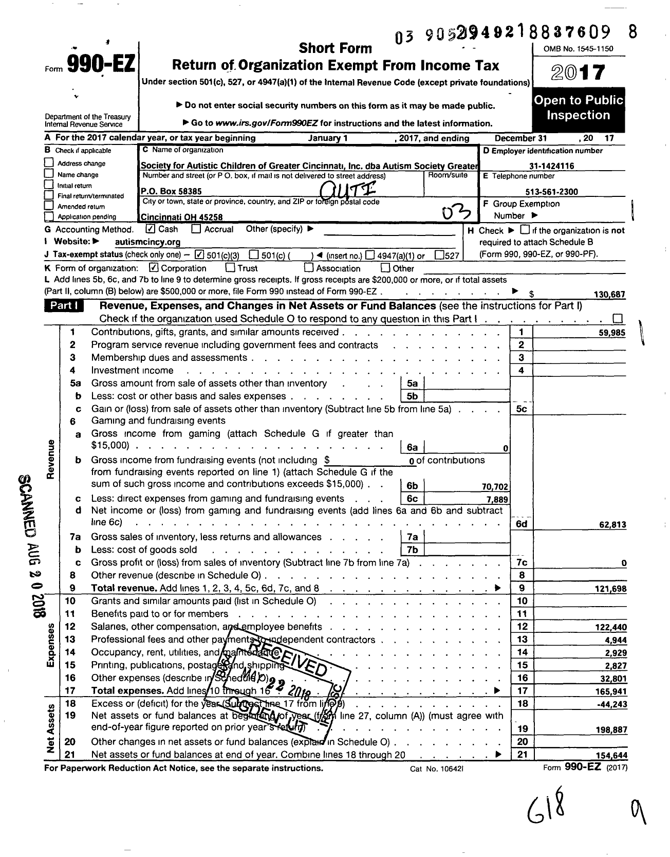 Image of first page of 2017 Form 990EZ for Autism Connections