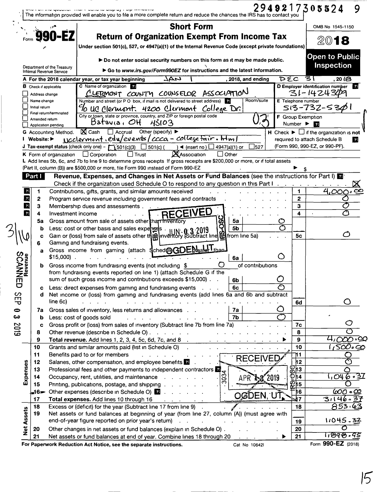 Image of first page of 2018 Form 990EZ for Clermont County Counselors Association